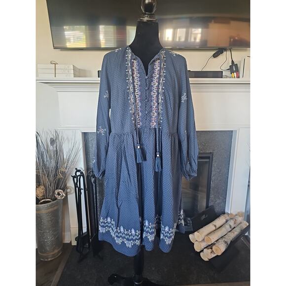 Knox Rose Dress Womens 1X Embroidered Long Sleeve Boho Aztec Pockets - Picture 1 of 9